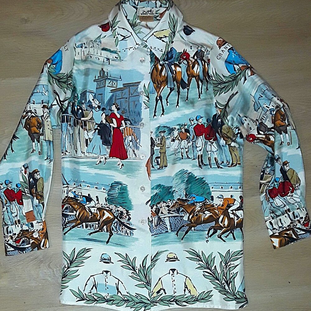 RARE Hermes "Chantilly" magnificent silk logo print blouse - Picture 9 of 12